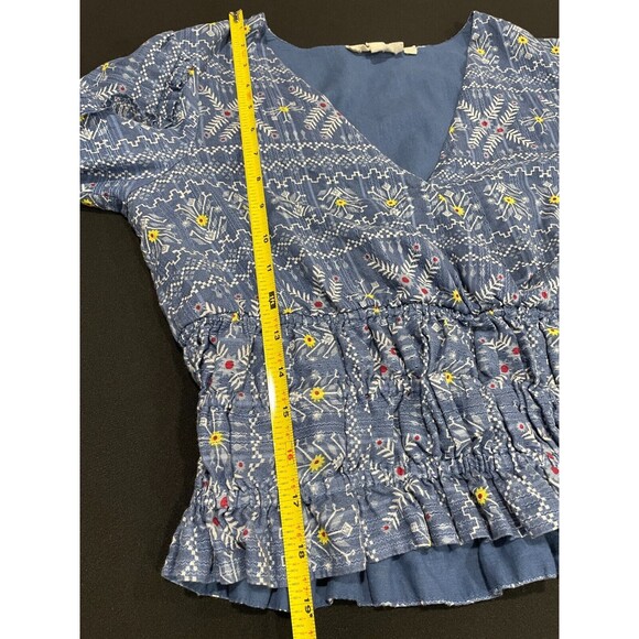 ~Anthropologie Forever That Girl S Embroidered Smocked Blouse Blue Faux Wrap Top - Picture 13 of 16